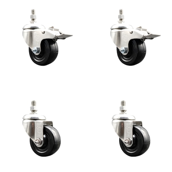 Service Caster 3 Inch 316SS Soft Rubber Swivel 3/8 Inch Threaded Stem Caster Lock Brake, 2PK SCC-SS316TSTTL20S314-SRS-381615-2-S2 - main